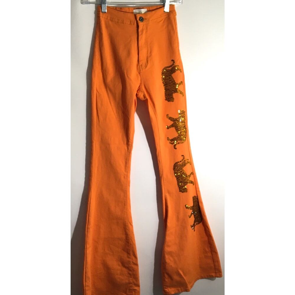 Judith March On The Prowl Sz Small Rhinestone Tiger Patches Orange Flares Pants